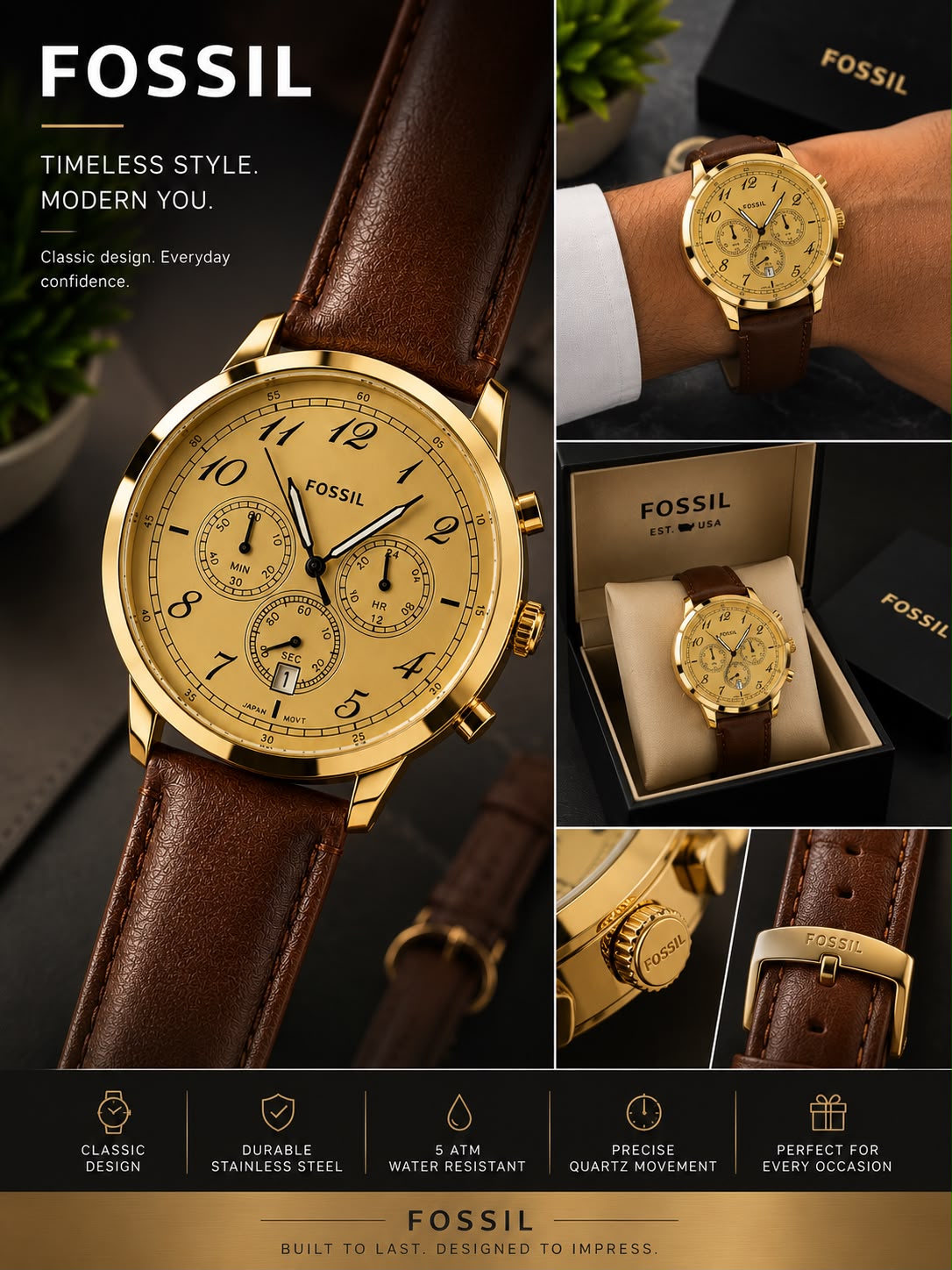 FOSSIL CHRONOGRAPH Golden Dial Analog
